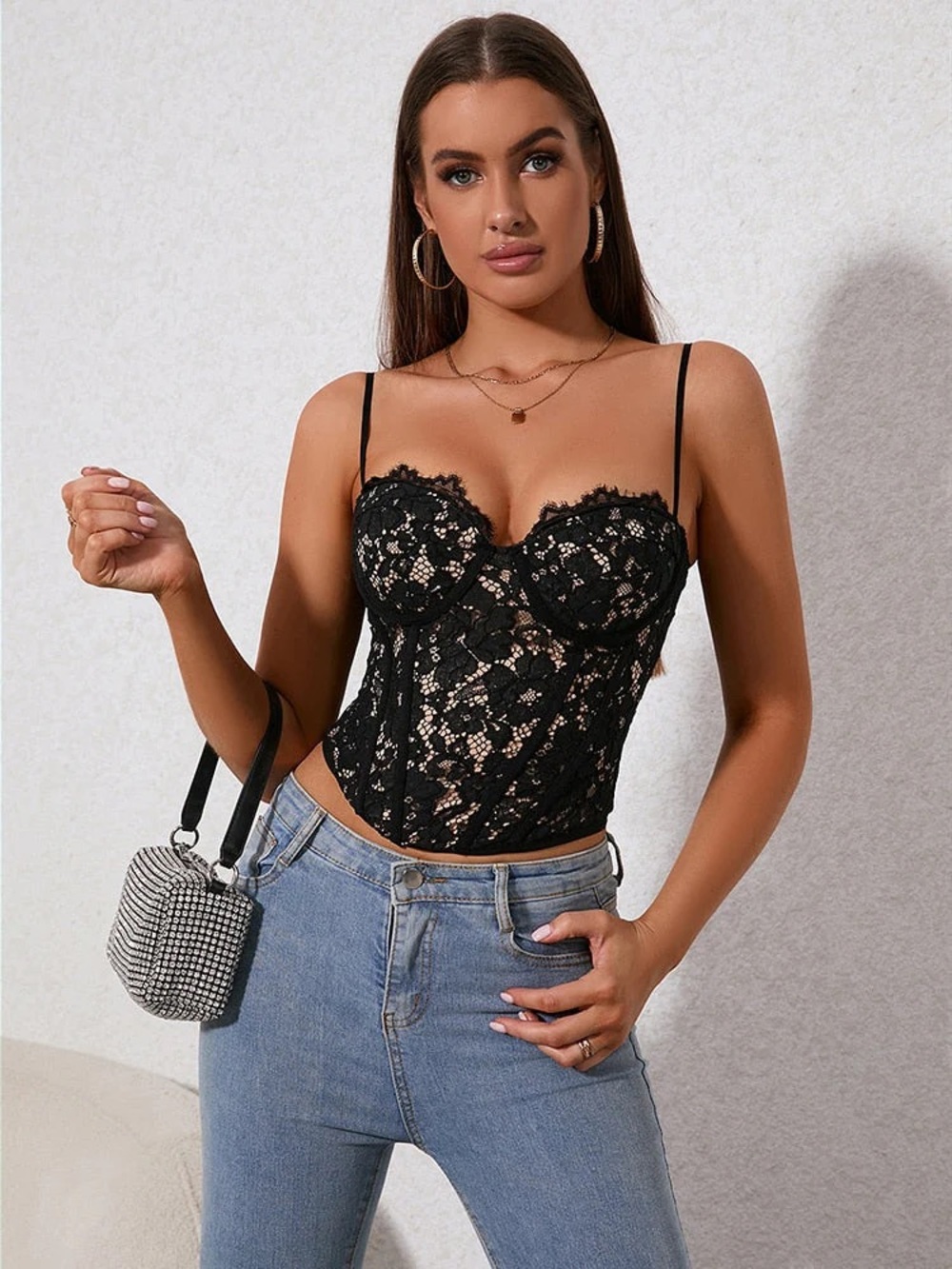 LZ Black Floral Lace Corset Bustier Top - Size Small